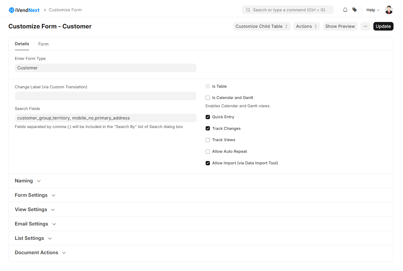 Customize Form - Customer